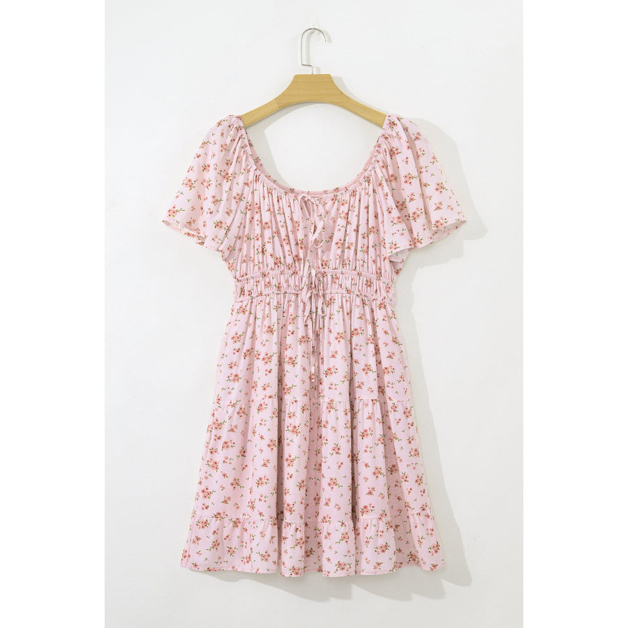 Pink Front Tie Shirred Waist Short Sleeve Ruffled Floral Mini Dress Dresses/Floral Dresses