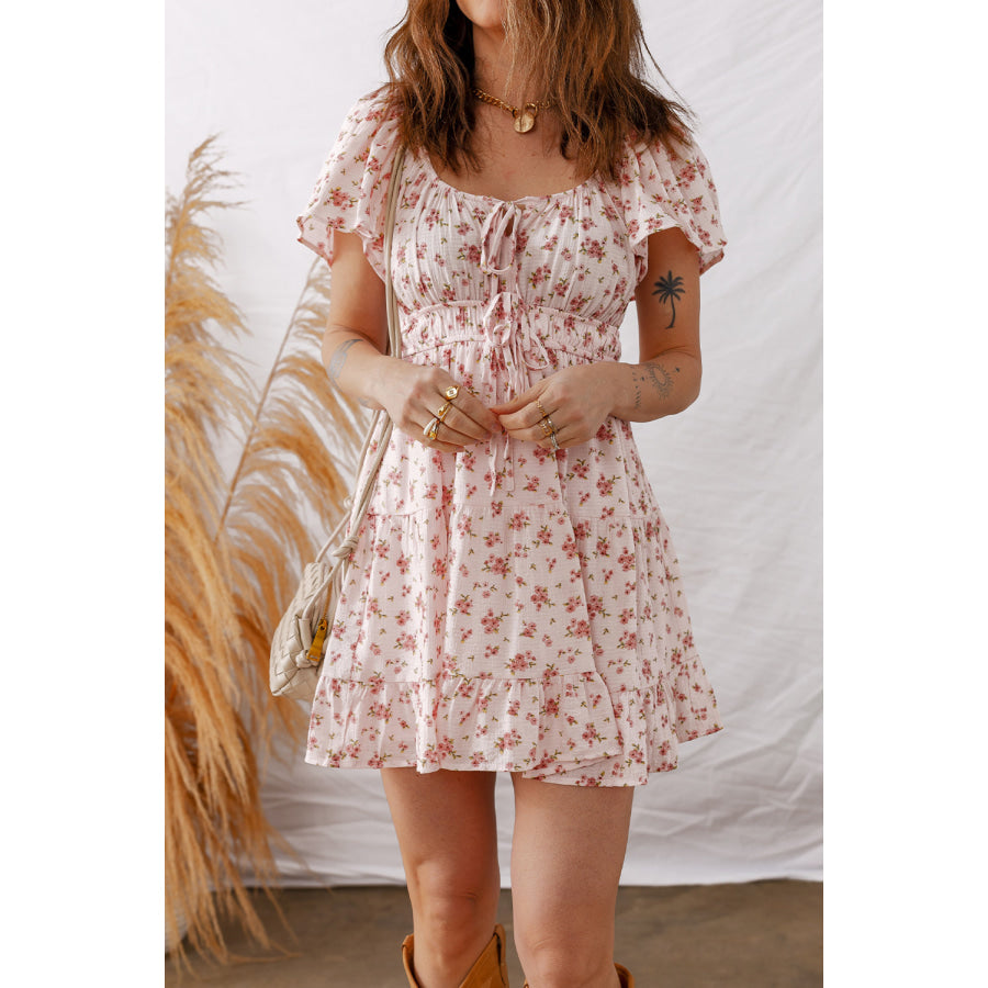 Pink Front Tie Shirred Waist Short Sleeve Ruffled Floral Mini Dress Dresses/Floral Dresses