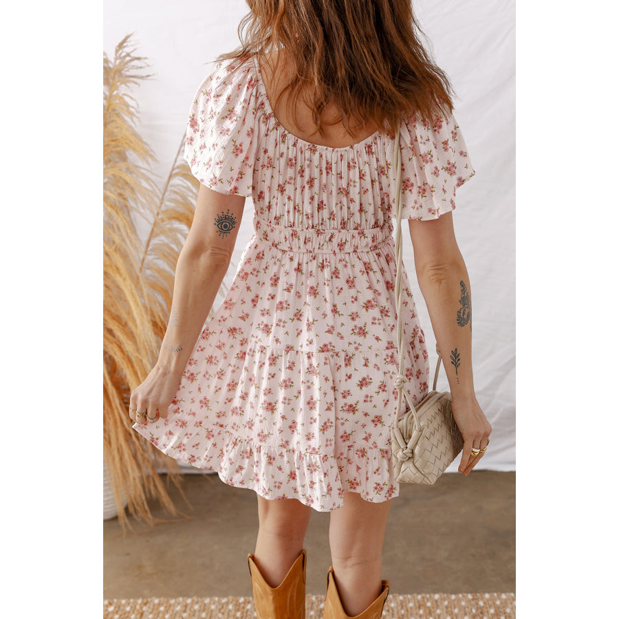 Pink Front Tie Shirred Waist Short Sleeve Ruffled Floral Mini Dress Dresses/Floral Dresses