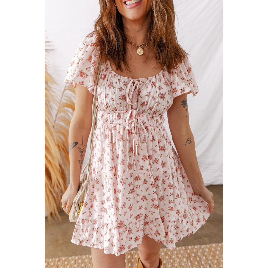 Pink Front Tie Shirred Waist Short Sleeve Ruffled Floral Mini Dress Pink / S / 100% Viscose Dresses/Floral Dresses