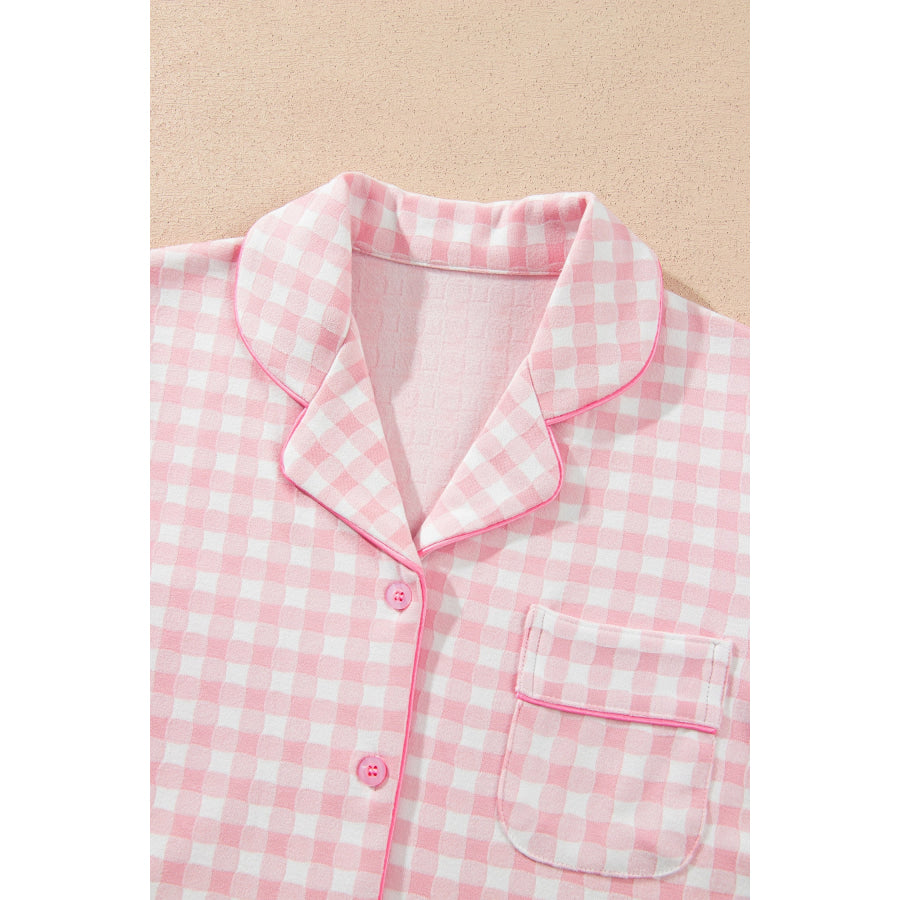 Pink Gingham Long Sleeve Lapel Shirt 2pcs Pajama Pant Set Loungewear & Sleepwear/Loungewear