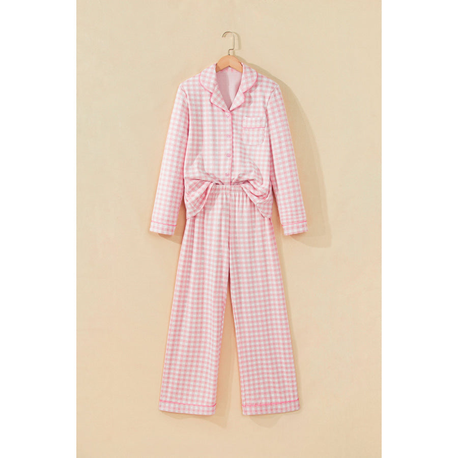 Pink Gingham Long Sleeve Lapel Shirt 2pcs Pajama Pant Set Loungewear & Sleepwear/Loungewear