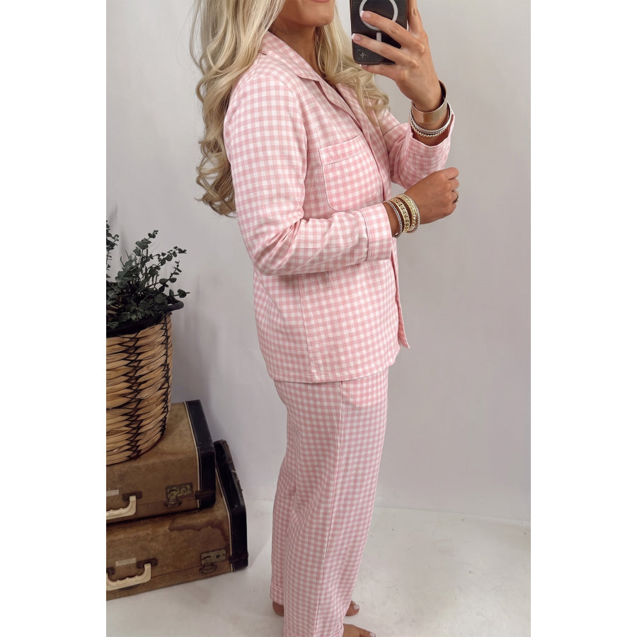 Pink Gingham Long Sleeve Lapel Shirt 2pcs Pajama Pant Set Loungewear & Sleepwear/Loungewear