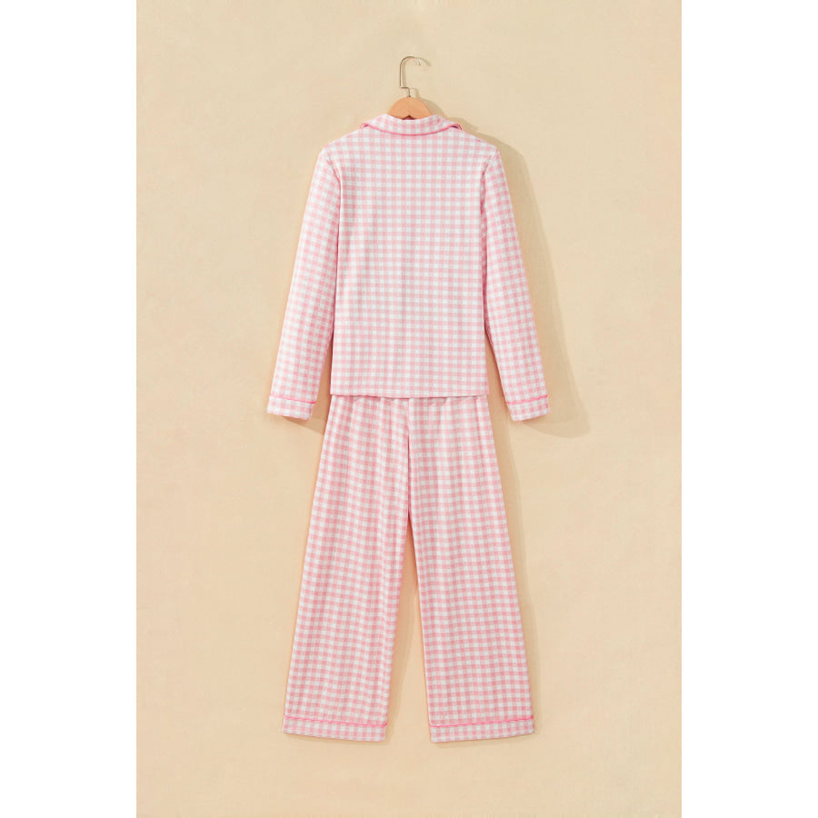 Pink Gingham Long Sleeve Lapel Shirt 2pcs Pajama Pant Set Loungewear & Sleepwear/Loungewear