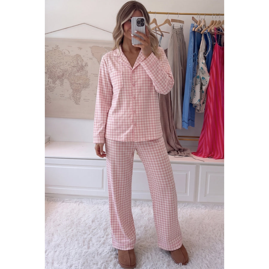 Pink Gingham Long Sleeve Lapel Shirt 2pcs Pajama Pant Set Loungewear & Sleepwear/Loungewear