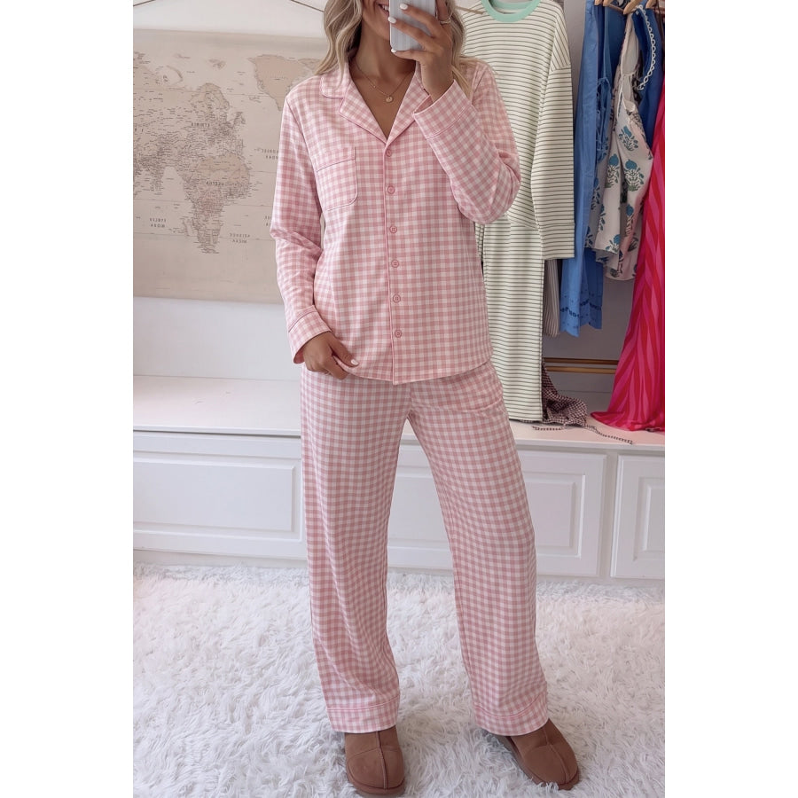 Pink Gingham Long Sleeve Lapel Shirt 2pcs Pajama Pant Set / S / 95% Polyester + 5% Elastane Loungewear & Sleepwear/Loungewear