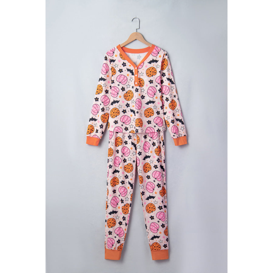 Pink Halloween Pumpkin Print Long Sleeve Home Wear Lounge Set Loungewear & Sleepwear/Loungewear