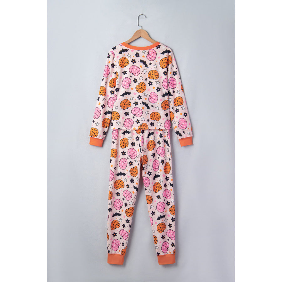 Pink Halloween Pumpkin Print Long Sleeve Home Wear Lounge Set Loungewear & Sleepwear/Loungewear