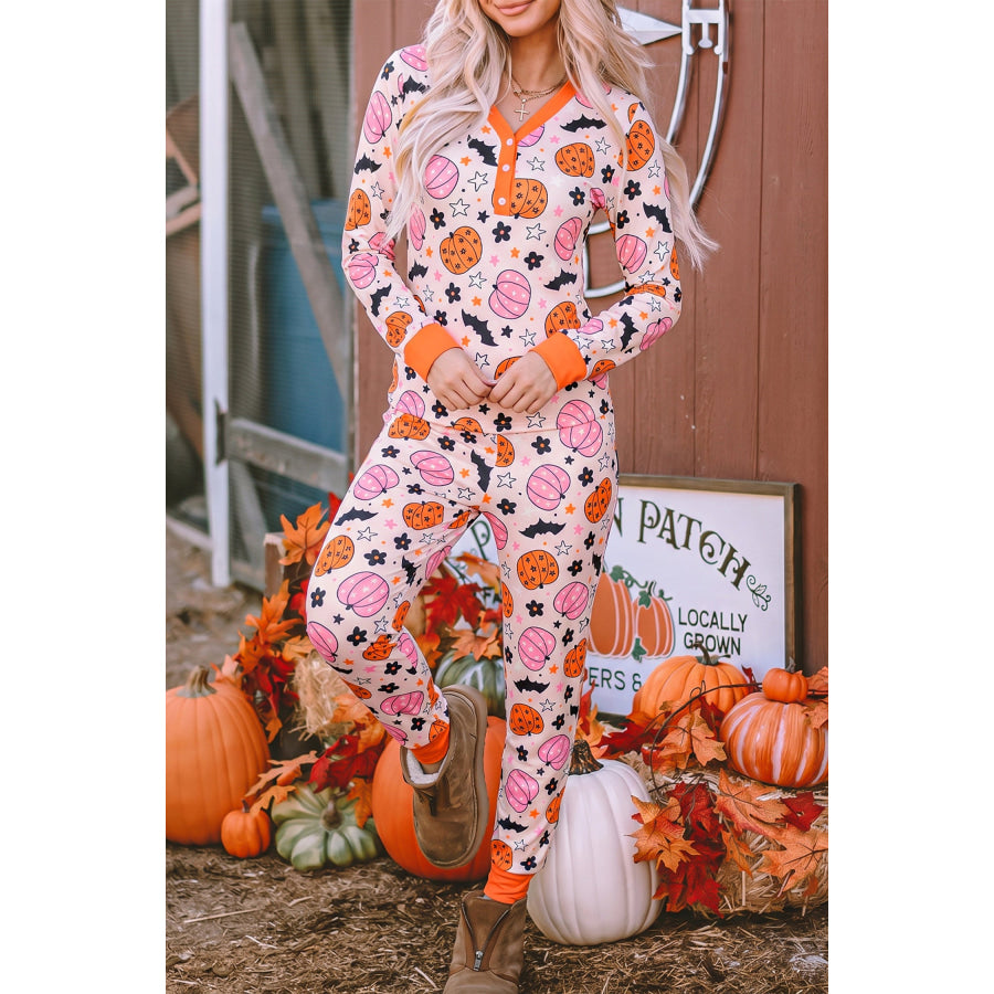 Pink Halloween Pumpkin Print Long Sleeve Home Wear Lounge Set Pink / S / 95% Polyester + 5% Elastane Loungewear & Sleepwear/Loungewear