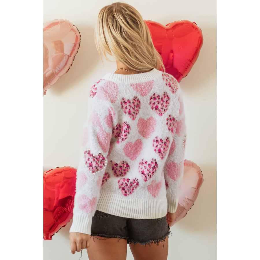 Pink Heart Leopard Print Pearled Ribbed Trim Fuzzy Sweater Pink / S / 100% Polyamide Sweaters & Cardigans/Sweaters