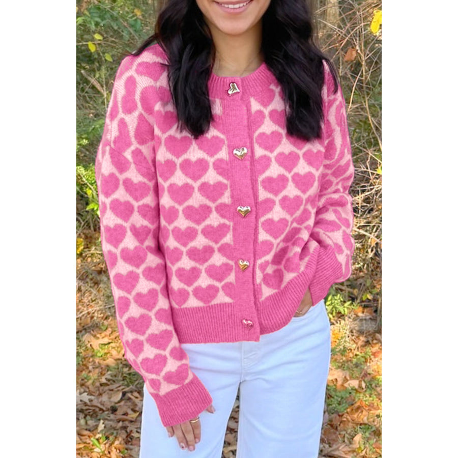 Pink Heart Pattern Drop Shoulder Long Sleeve Button Front Cardigan / S / 52% Viscose + 26% Polyester + 22% Polyamide Sweaters &