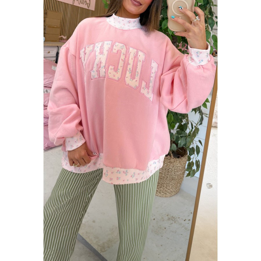 Pink High Neck Floral Patch Embroidery Long Sleeve Sweatshirt Pink / S Tops/Sweatshirts & Hoodies