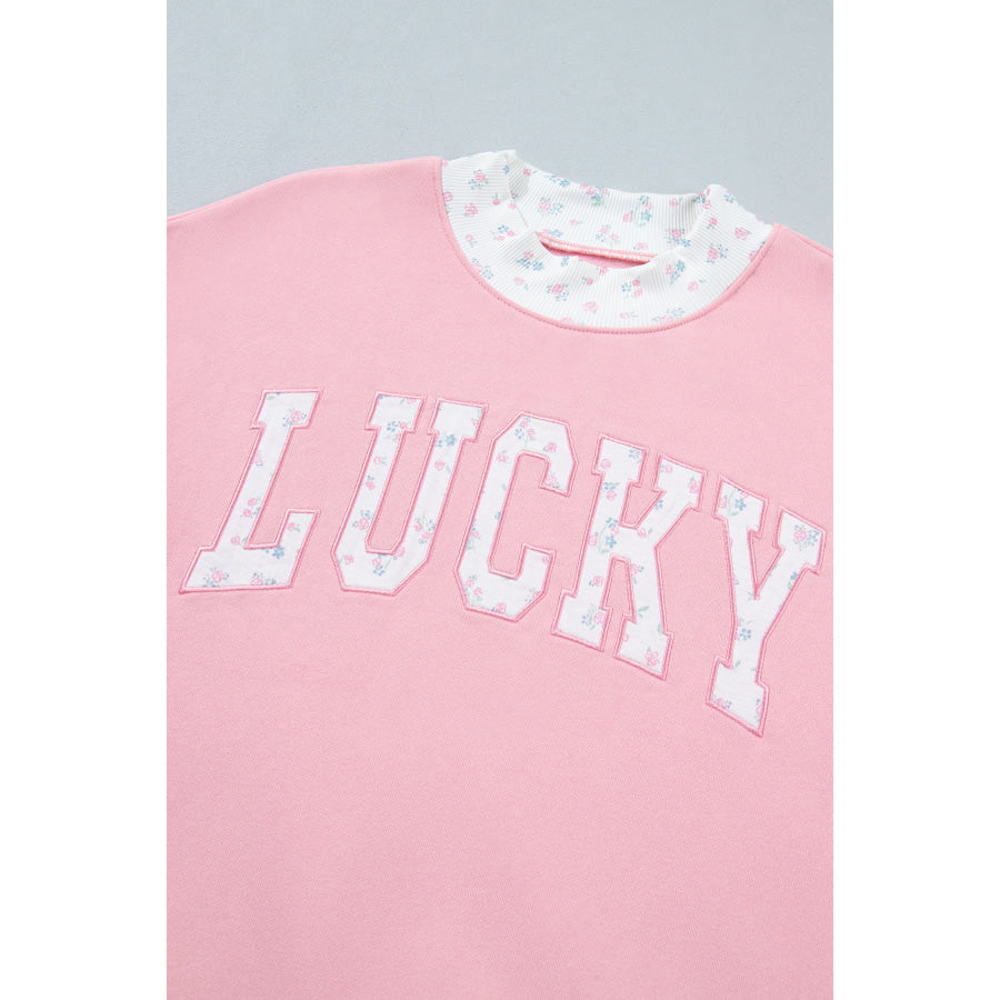 Pink High Neck Floral Patch Embroidery Long Sleeve Sweatshirt Tops/Sweatshirts & Hoodies