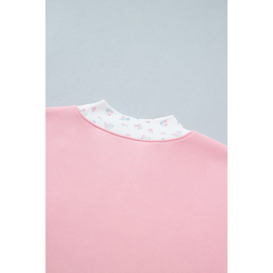Pink High Neck Floral Patch Embroidery Long Sleeve Sweatshirt Tops/Sweatshirts & Hoodies