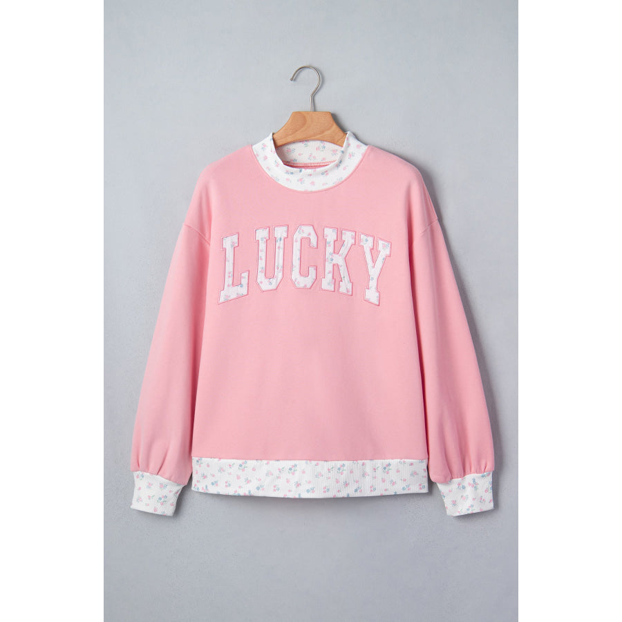 Pink High Neck Floral Patch Embroidery Long Sleeve Sweatshirt Tops/Sweatshirts & Hoodies