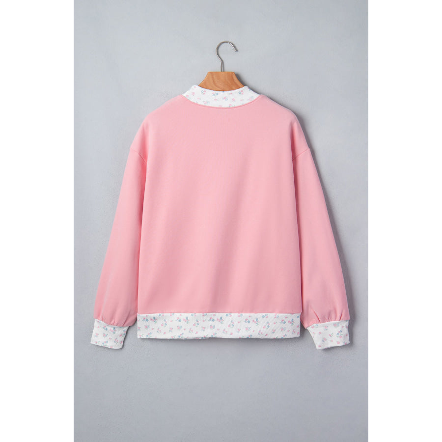 Pink High Neck Floral Patch Embroidery Long Sleeve Sweatshirt Tops/Sweatshirts & Hoodies