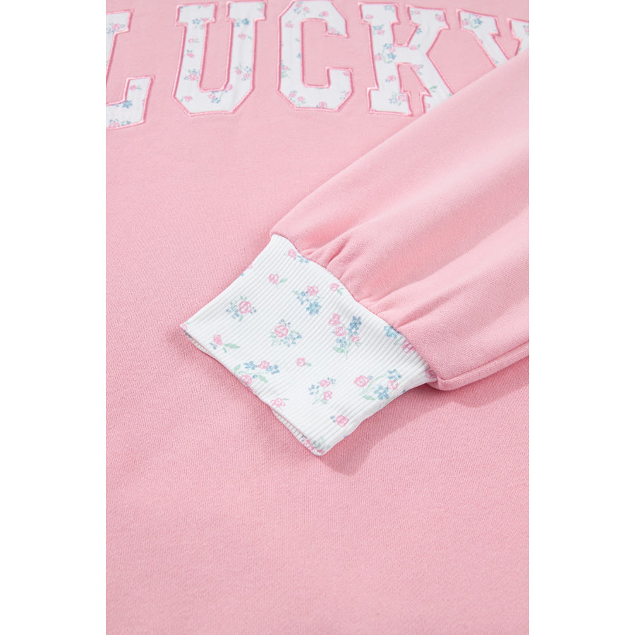 Pink High Neck Floral Patch Embroidery Long Sleeve Sweatshirt Tops/Sweatshirts & Hoodies