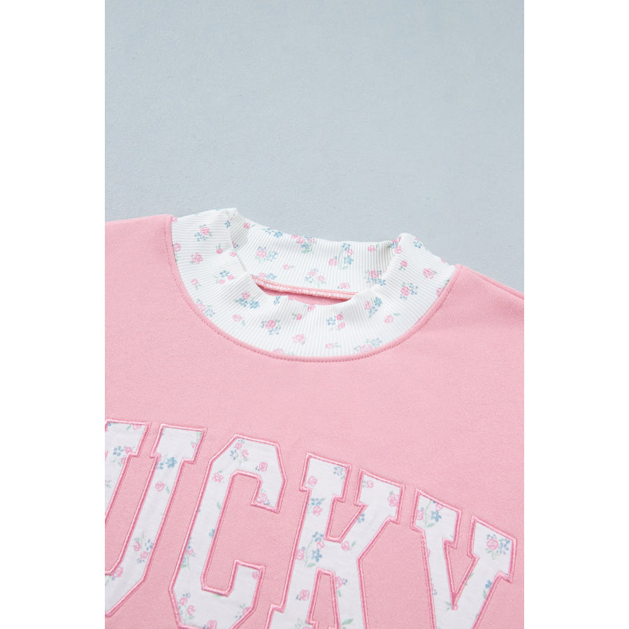 Pink High Neck Floral Patch Embroidery Long Sleeve Sweatshirt Tops/Sweatshirts & Hoodies