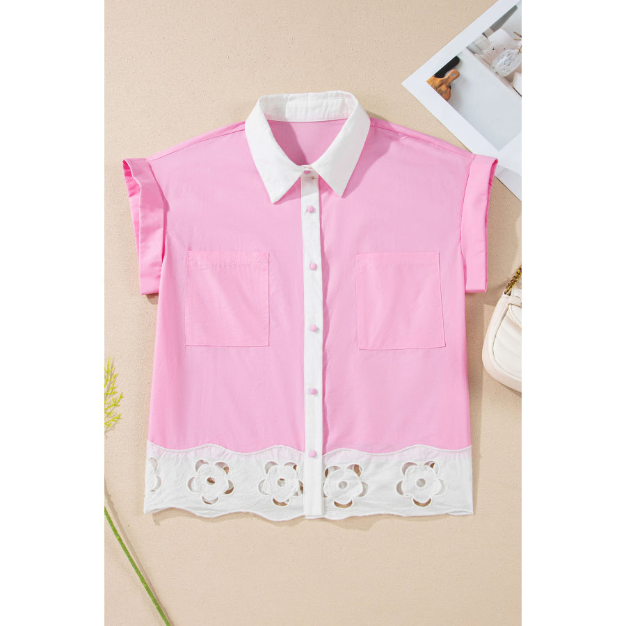 Pink Hollow-out Floral Contrast Patchwork Short Sleeve Button Up Shirt Tops/Blouses & Shirts