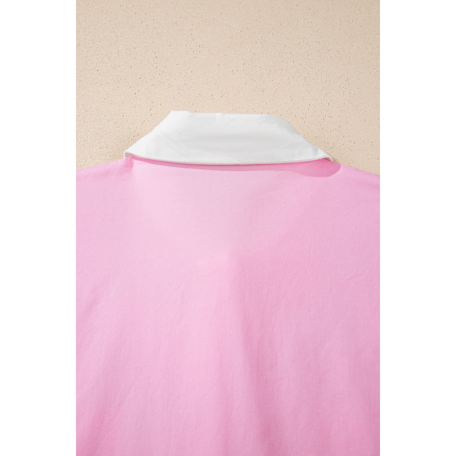 Pink Hollow-out Floral Contrast Patchwork Short Sleeve Button Up Shirt Tops/Blouses & Shirts
