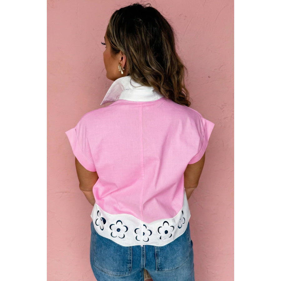 Pink Hollow-out Floral Contrast Patchwork Short Sleeve Button Up Shirt Tops/Blouses & Shirts
