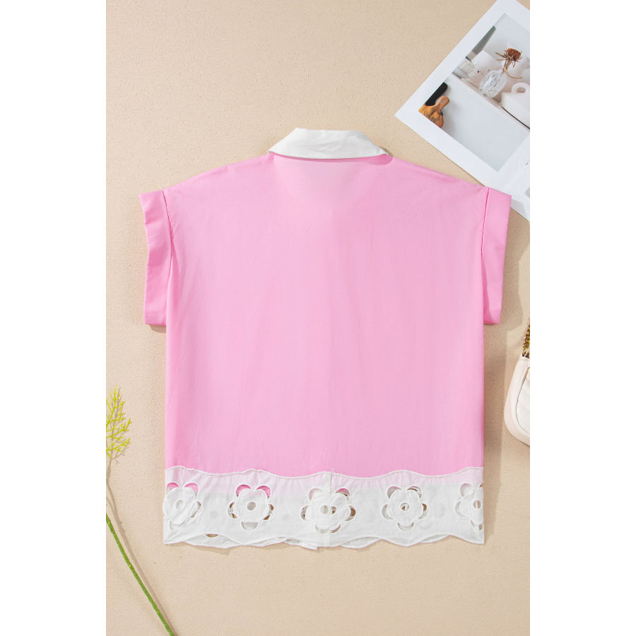 Pink Hollow-out Floral Contrast Patchwork Short Sleeve Button Up Shirt Tops/Blouses & Shirts