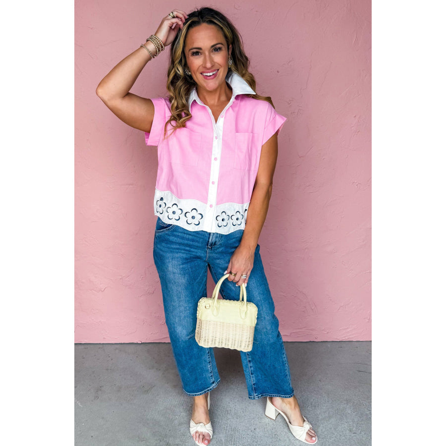 Pink Hollow-out Floral Contrast Patchwork Short Sleeve Button Up Shirt Tops/Blouses & Shirts