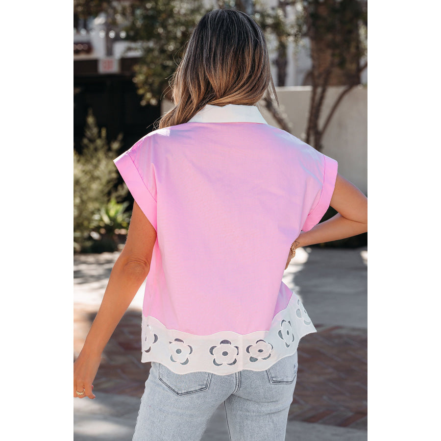 Pink Hollow-out Floral Contrast Patchwork Short Sleeve Button Up Shirt Tops/Blouses & Shirts