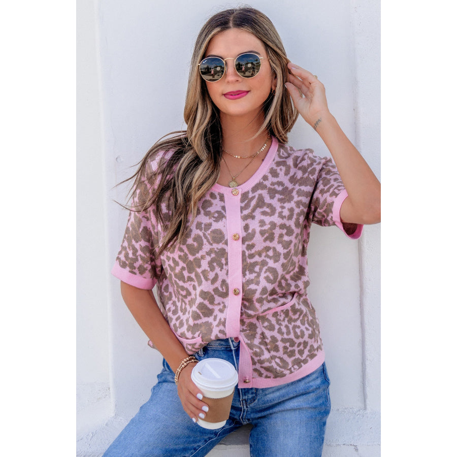 Pink Leopard Button Down Short Sleeve Sweater Cardigan Sweaters & Cardigans/Cardigans