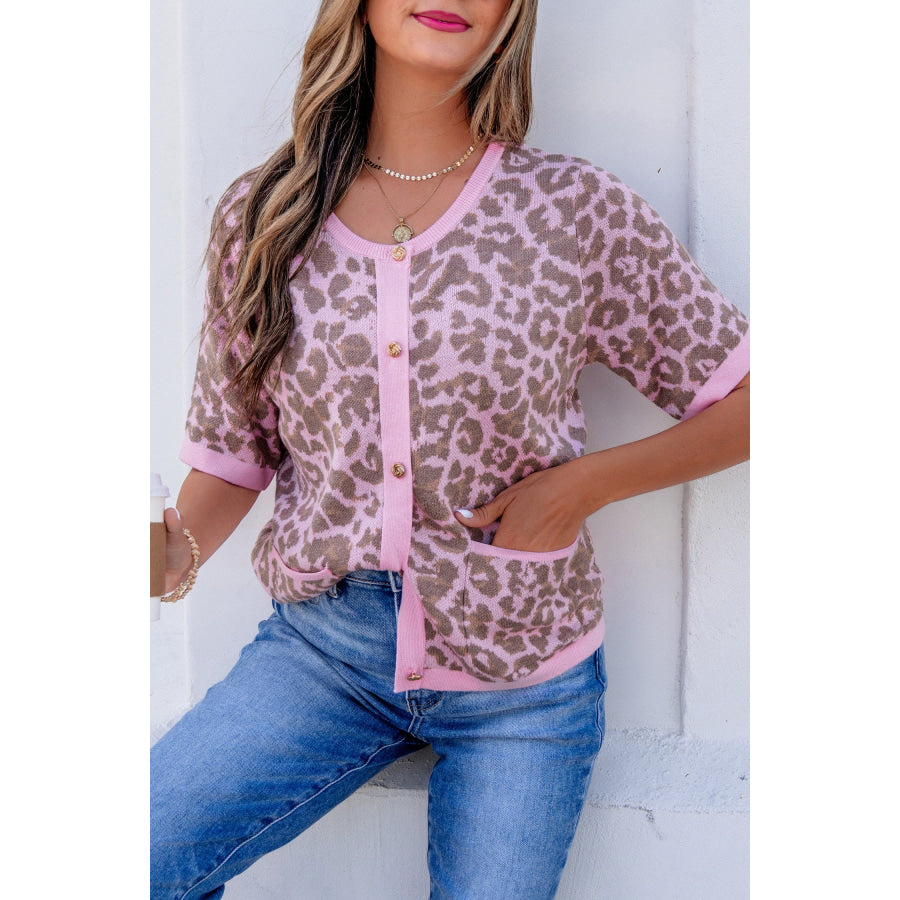 Pink Leopard Button Down Short Sleeve Sweater Cardigan Sweaters & Cardigans/Cardigans