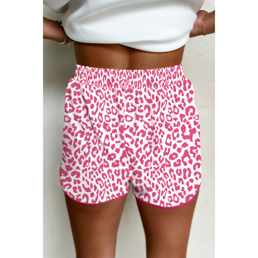 Pink Leopard Elastic Waistband Lace up Contrast Trim Casual Shorts Bottoms/Casual Shorts