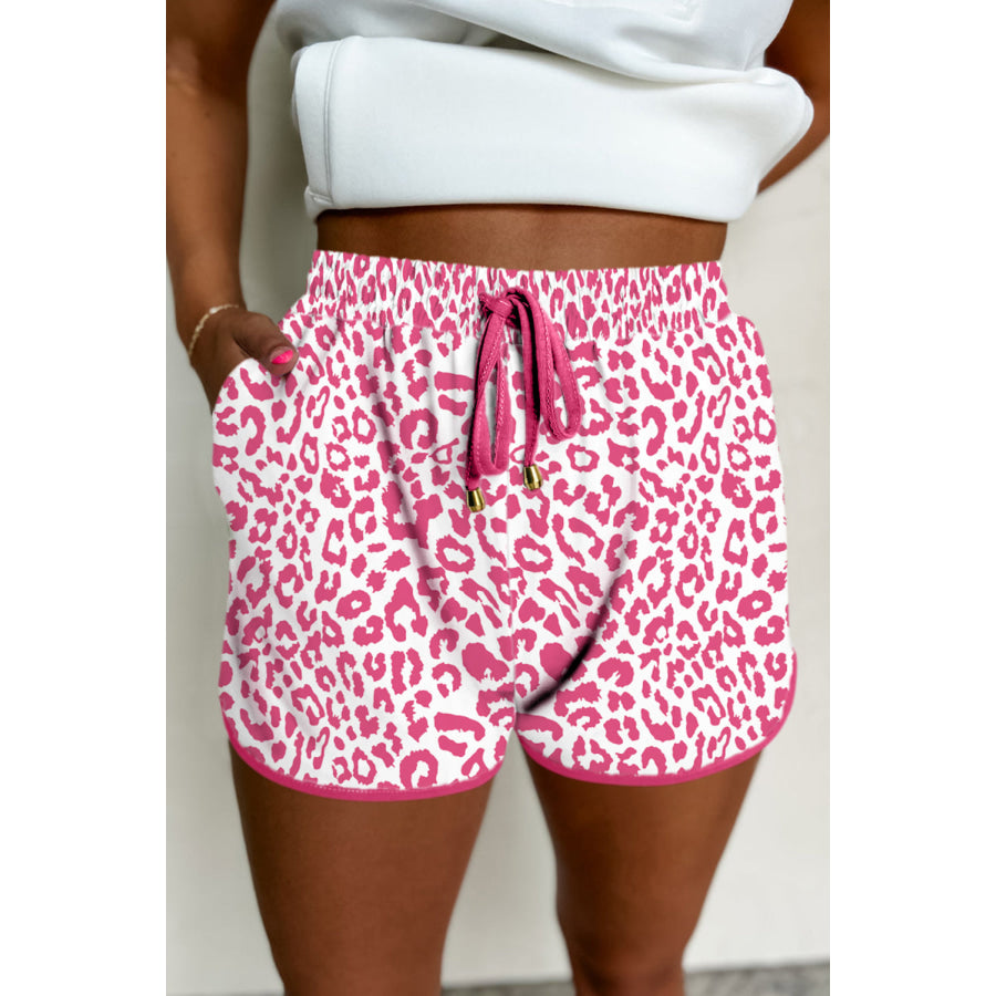 Pink Leopard Elastic Waistband Lace up Contrast Trim Casual Shorts Pink / S / 95% Polyester + 5% Elastane Bottoms/Casual Shorts