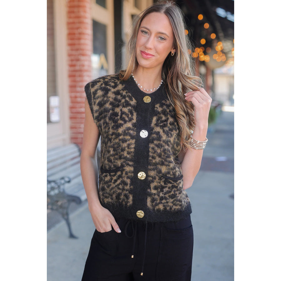 Pink Leopard Print Knit Sleeveless Regular Wash Sweater Vest Pink / S / 50% Recycled Polyester + 29% Polyester + 17% Polyamide + 4%