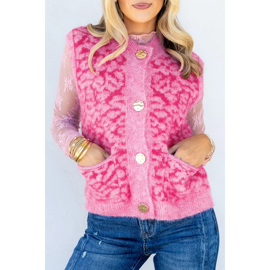 Pink Leopard Print Knit Sleeveless Regular Wash Sweater Vest Pink / S / 50% Recycled Polyester + 29% Polyester + 17% Polyamide + 4%