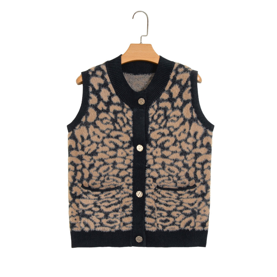 Pink Leopard Print Knit Sleeveless Regular Wash Sweater Vest Sweaters & Cardigans/Sweater Vests
