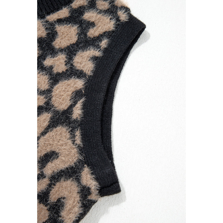 Pink Leopard Print Knit Sleeveless Regular Wash Sweater Vest Sweaters & Cardigans/Sweater Vests