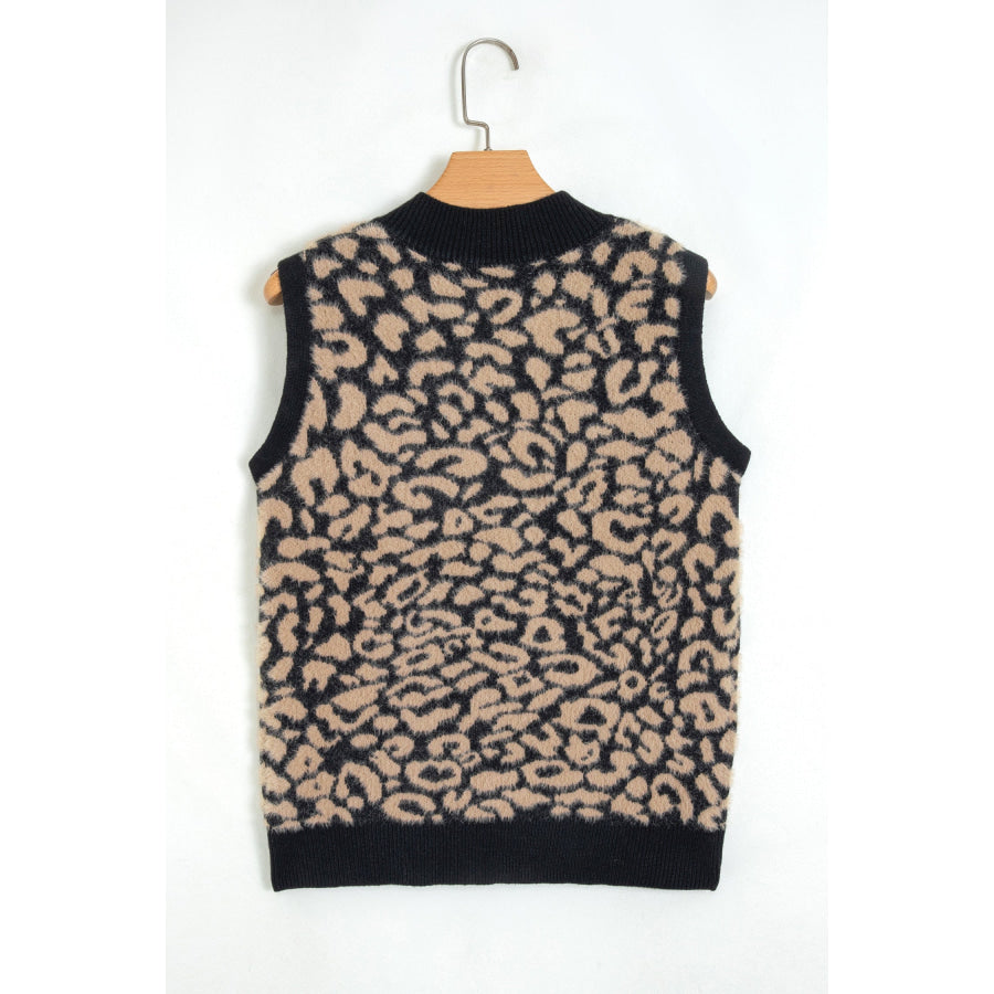 Pink Leopard Print Knit Sleeveless Regular Wash Sweater Vest Sweaters & Cardigans/Sweater Vests