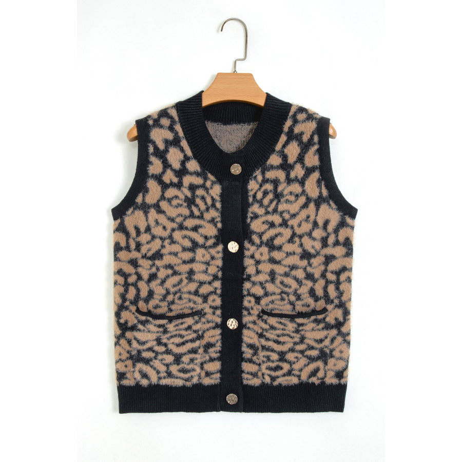 Pink Leopard Print Knit Sleeveless Regular Wash Sweater Vest Sweaters & Cardigans/Sweater Vests