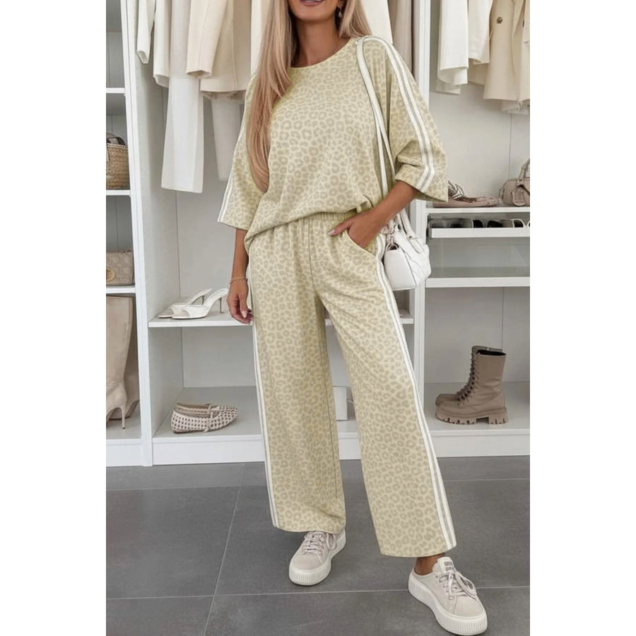 Pink Leopard Print Varsity Striped Detail 3/4 Sleeve Top Shift Pant Set Apricot / S / 95% Polyester + 5% Elastane Two Piece Sets/Pant Sets