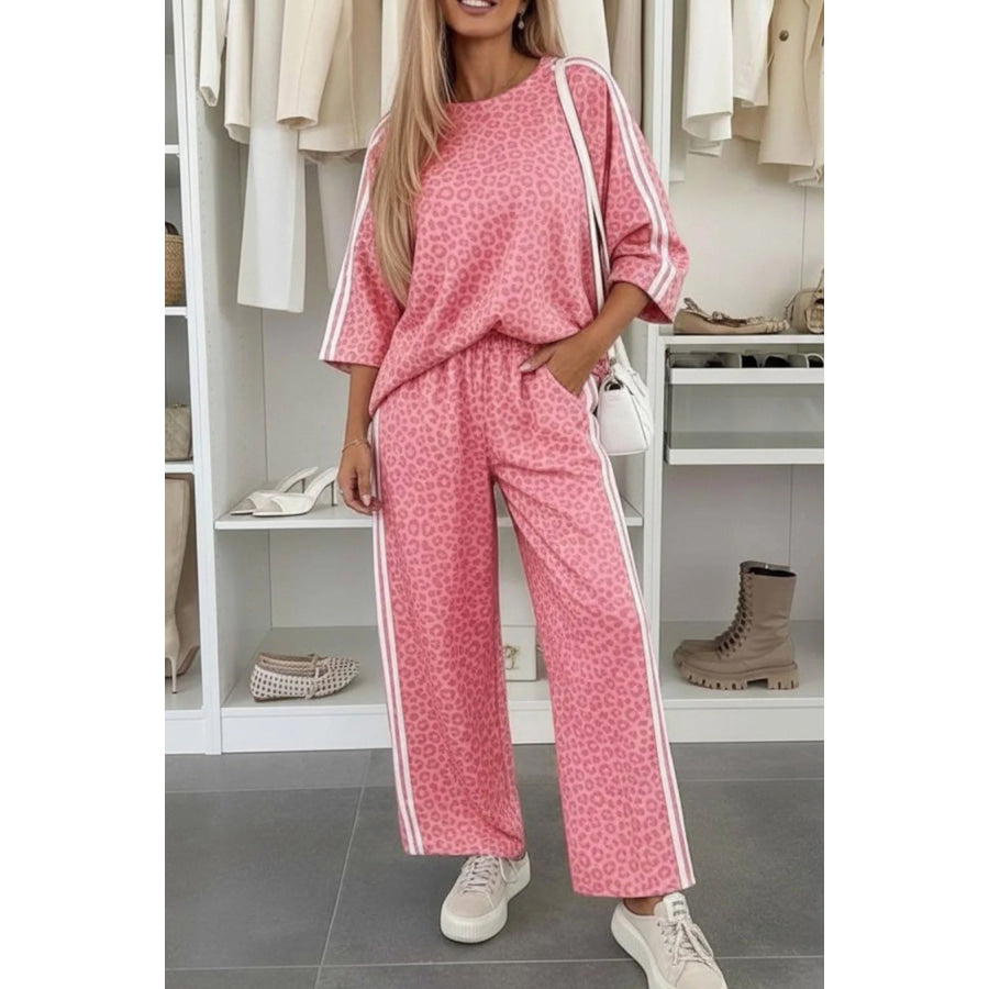 Pink Leopard Print Varsity Striped Detail 3/4 Sleeve Top Shift Pant Set Pink / S / 95% Polyester + 5% Elastane Two Piece Sets/Pant Sets