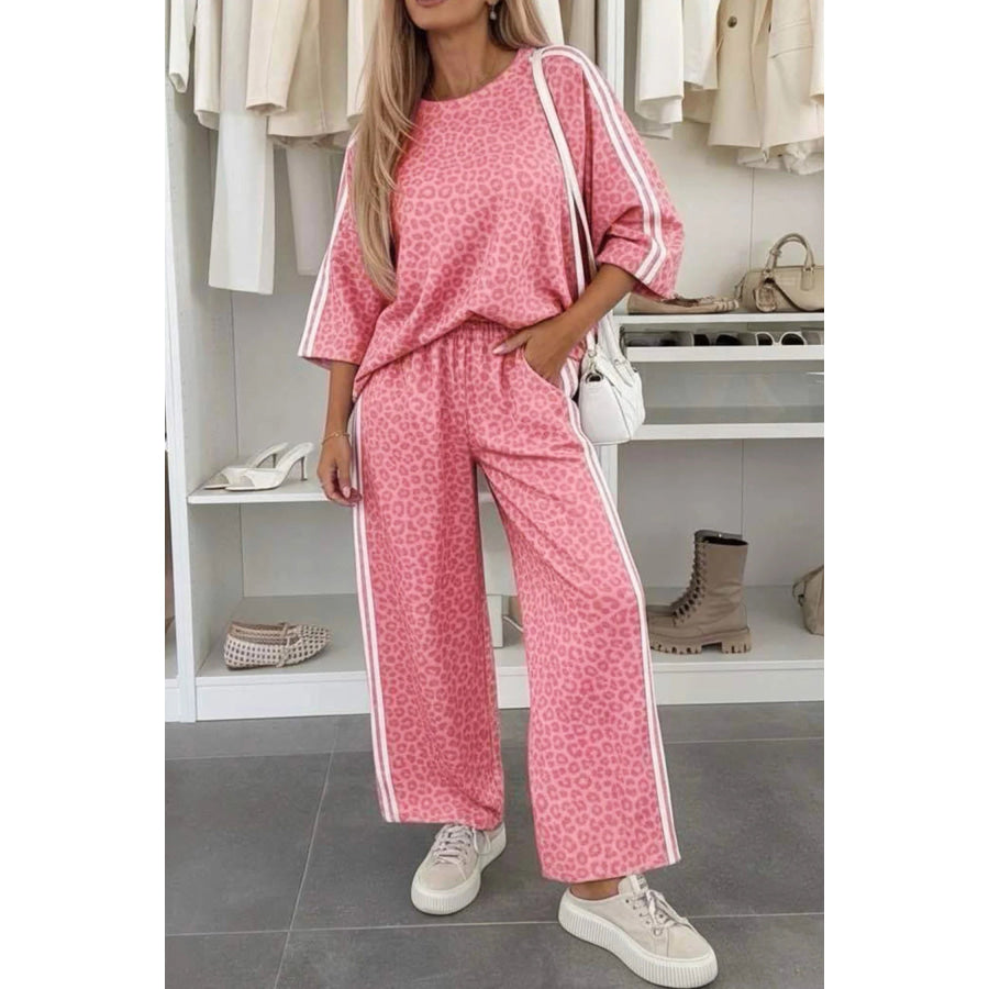 Pink Leopard Print Varsity Striped Detail 3/4 Sleeve Top Shift Pant Set Two Piece Sets/Pant Sets