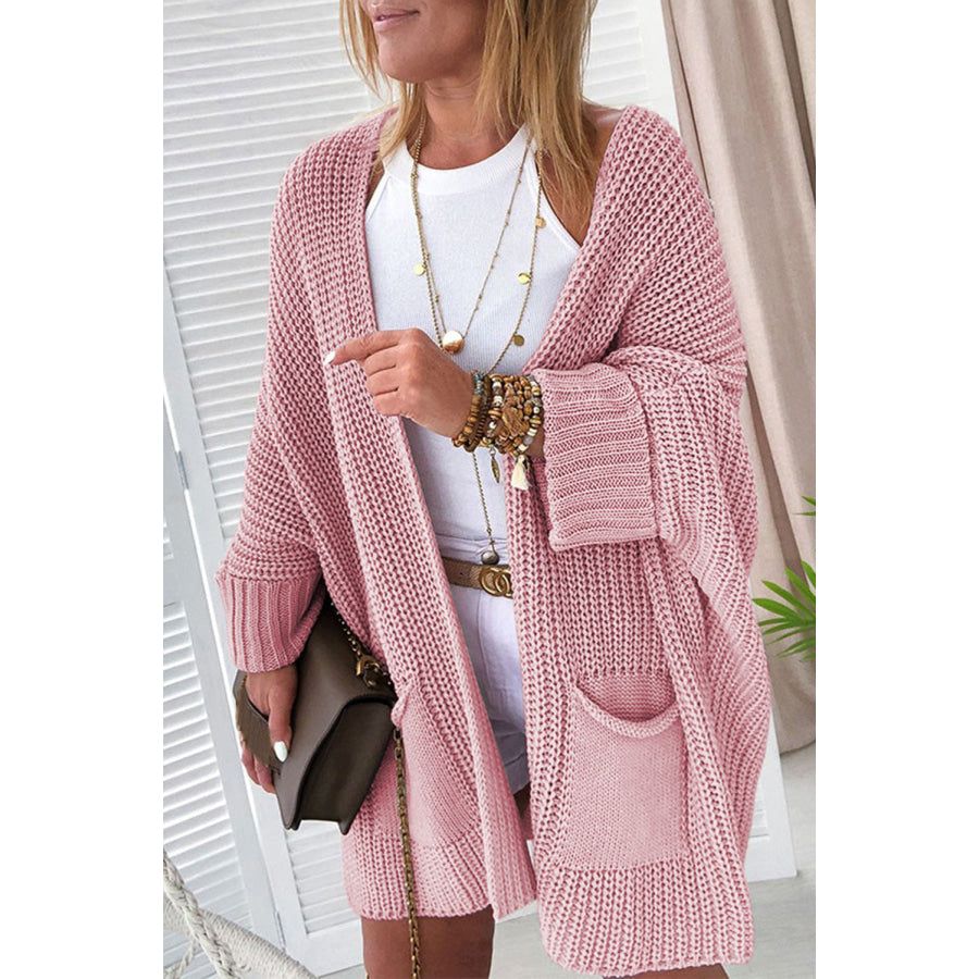 Pink Oversized Fold Over Sleeve Open Front Cardigan Pink / S / 65% Acrylic + 35% Polyester Sweaters & Cardigans/Cardigans