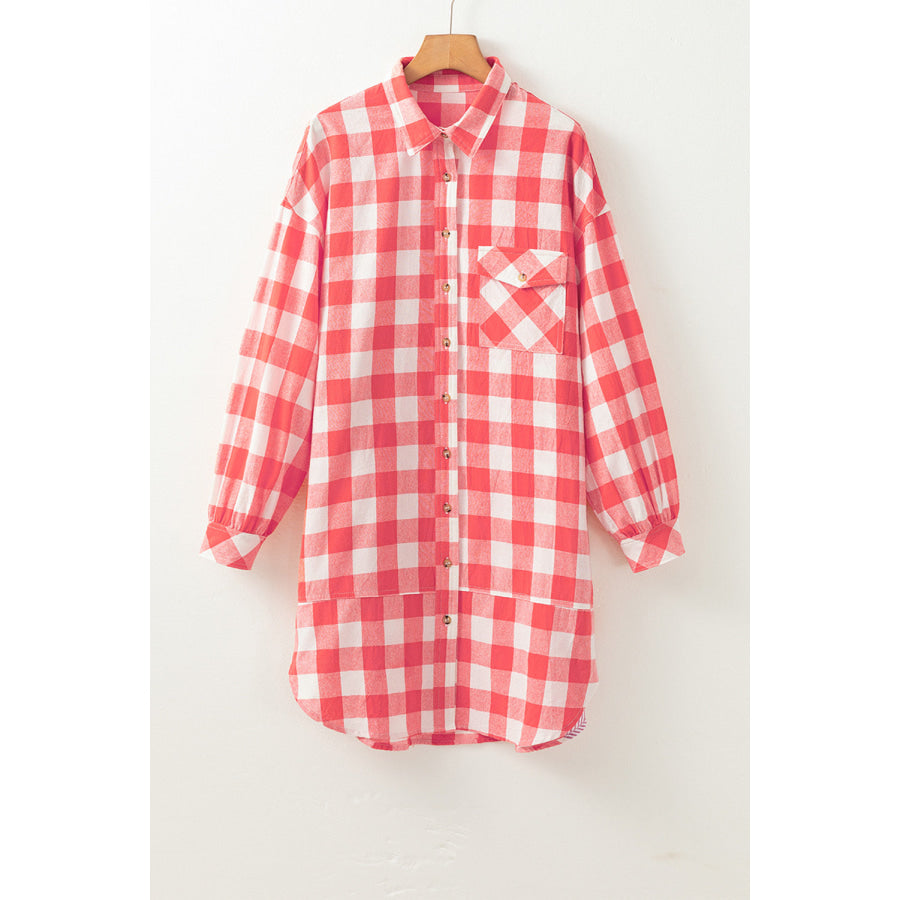 Pink Oversized Plaid Puff Sleeve Round Hem Shirt Dress Dresses/Mini Dresses