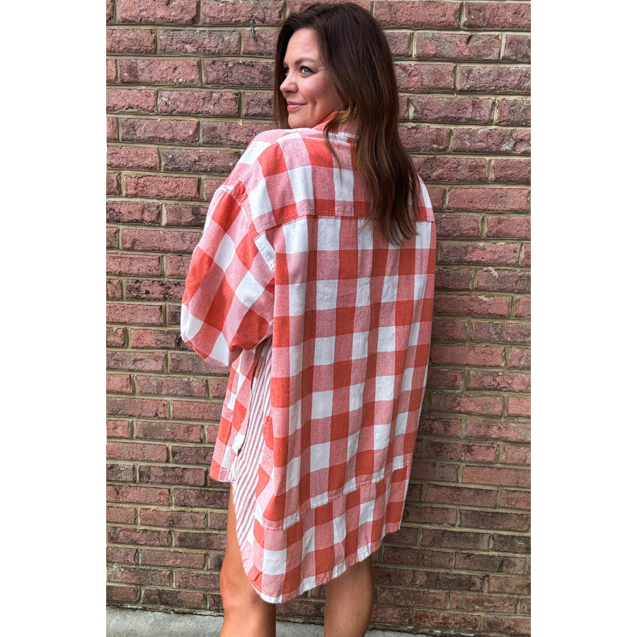 Pink Oversized Plaid Puff Sleeve Round Hem Shirt Dress Dresses/Mini Dresses