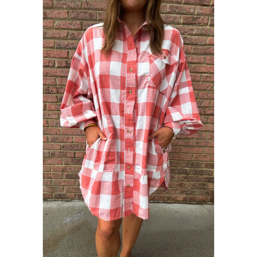 Pink Oversized Plaid Puff Sleeve Round Hem Shirt Dress Pink / S / 100% Cotton Dresses/Mini Dresses