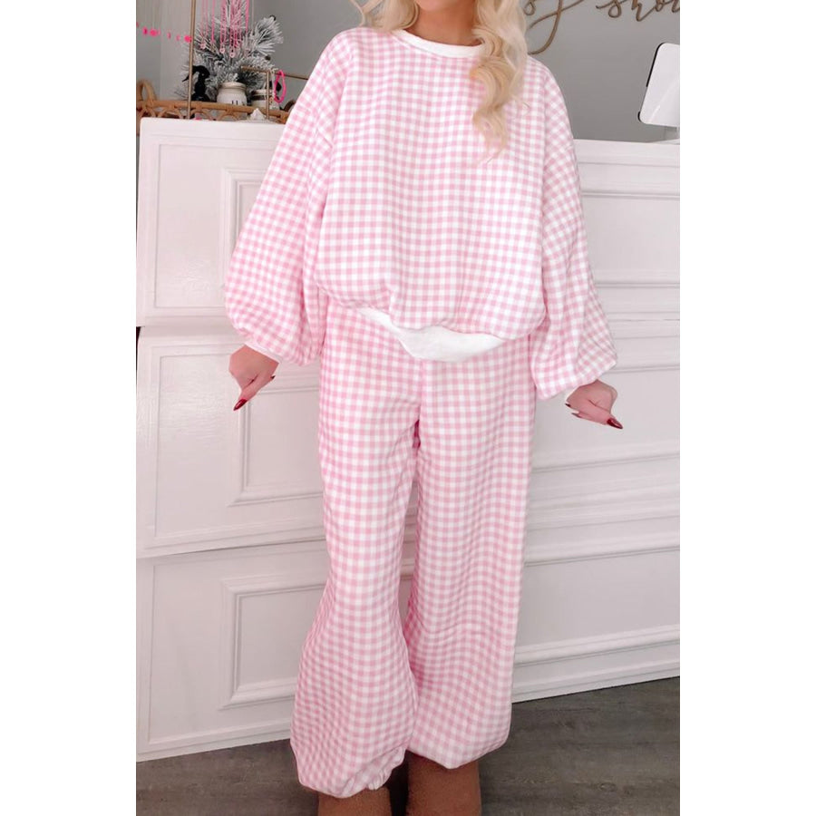 Pink Plaid Long Sleeve Two Piece Pant Set Pink / S / 100% Polyester Two Piece Sets/Pant Sets