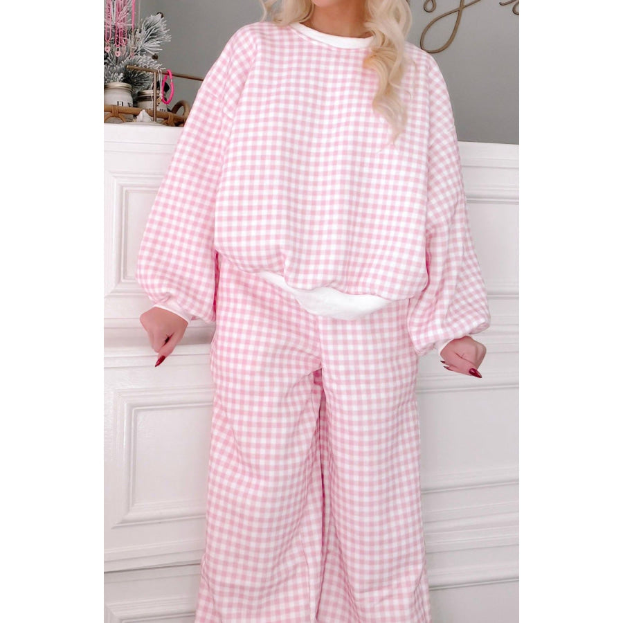 Pink Plaid Long Sleeve Two Piece Pant Set Two Piece Sets/Pant Sets