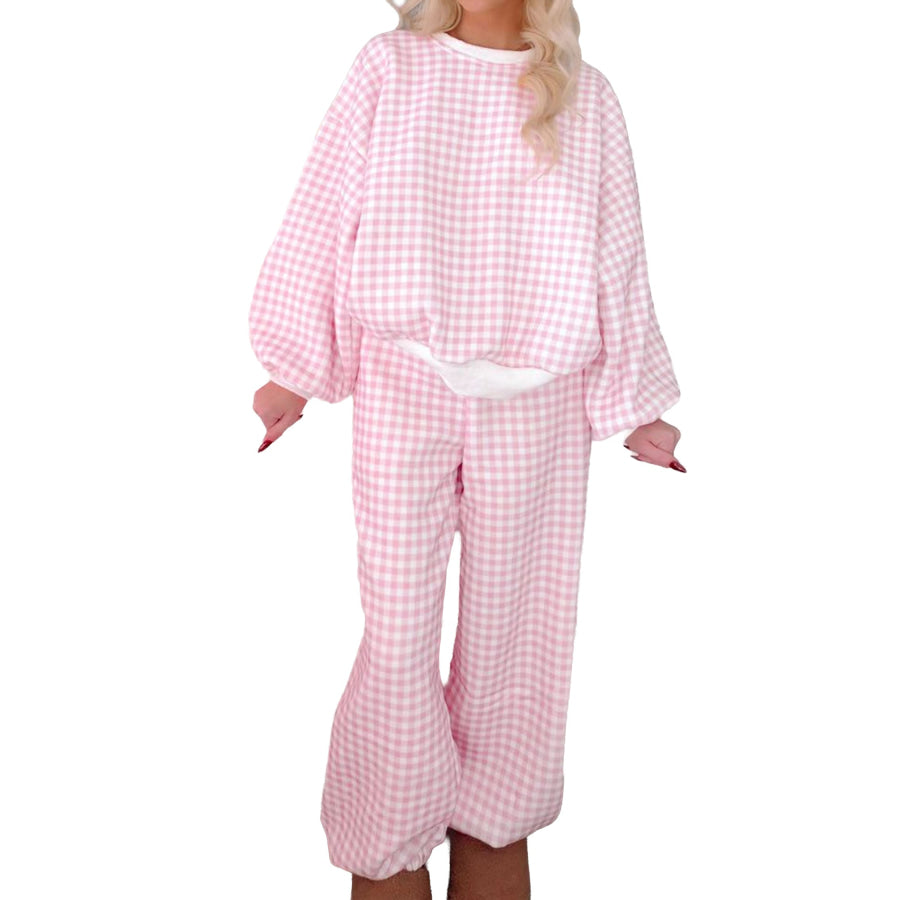 Pink Plaid Long Sleeve Two Piece Pant Set Two Piece Sets/Pant Sets