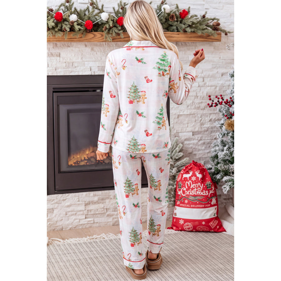Pink Plaid Snowflake Christmas Gingerbread Man Print Long 2pcs Lounge Set Loungewear & Sleepwear/Loungewear
