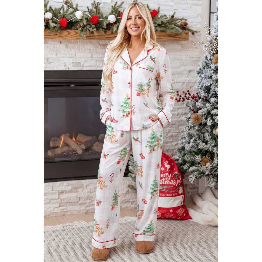 Pink Plaid Snowflake Christmas Gingerbread Man Print Long 2pcs Lounge Set / S / 100% Viscose Loungewear & Sleepwear/Loungewear